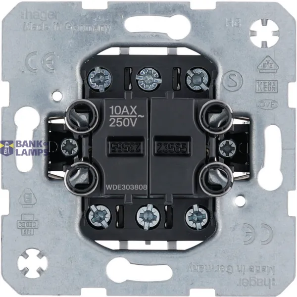 Double on/off/changeover switch with separate input terminals, 10A/250V, illuminated