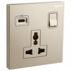 Switched Socket Outlet Galion 1 Gang Multistandard USB-C 18W Champagne