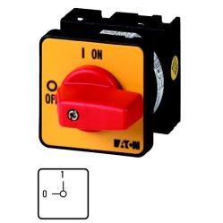 T0-2-1/E-RT On-Off switch, T0, 20 A, flush mounting, 2 contact unit(s), 3 pole, Emergency switching off function, with red thumb grip and yellow front plate