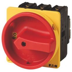 P3-100/EA/SVB Main switch, P3, 100 A, flush mounting, 3 pole, Emergency switching off function, With red rotary handle and yellow locking ring, Lockable in the 0 (O