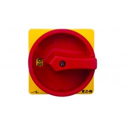 P3-100/V/SVB Main switch, P3, 100 A, rear mounting, 3 pole, Emergency switching off function, With red rotary handle and yellow locking ring, Lockable in the 0 (Of