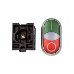 M22-DDL-GR-X1/X0/K11/230-W Double actuator pushbutton, RMQ-Titan, Actuators and indicator lights non-flush, momentary, 1 NC, 1 N/O, White lens, LED element, 85 - 264 V AC, green