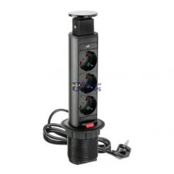 Furniture socket, Ø60 mm, 3xSHUKO, cable 1.8 m, black