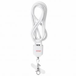 Activejet lanyard with 3-in-1 charging cable, white. Ends with various connectors: USB-C, Lightning adapter, USB-A