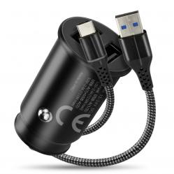 Car charger 2 X USB 12W black + cable USB-C 1m