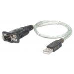 Manhattan USB-A to Serial Converter cable, 45cm, Male to Male, Serial/RS232/COM/DB9, Prolific PL-2303RA Chip, Black/Silver cable, Three Year Warranty, Equivalent to ICUSB232V2