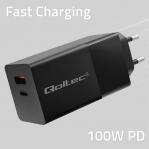 Qoltec 52382 GaN POWER PRO charger | 1xUSB type C | 1xUSB A | 100W | 5-20V | 1.5-5A | PD | Black