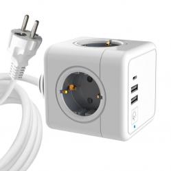 MicroConnect - 4 Way Schuko 2 USB A Ports 1 USB-C Port Power Cube - With 15m Cable - Electronics