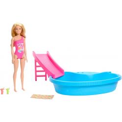 Barbie Doll And Pool Playset Blonde With Pool Slide Towel And Drink Accessories HRJ74 Toys