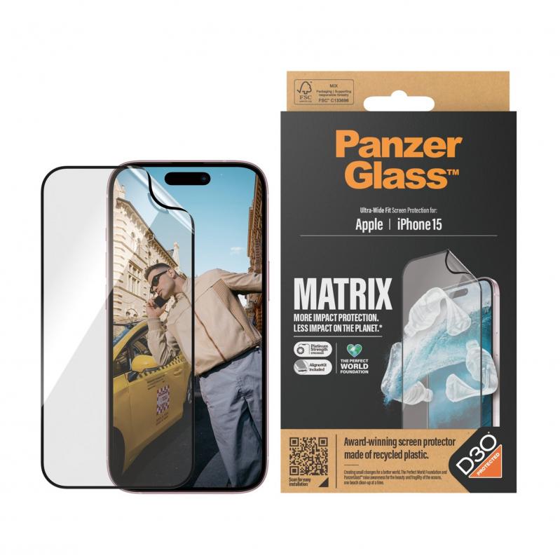 PanzerGlass - ECO MATRIX Screen Protector with D3O iPhone 15 - Ultra-Wide Fit w AlignerKit - Electronics
