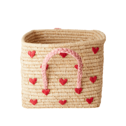 Rice - Small Square Raffia Basket with Handles - Hearts - Baby and Children
