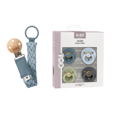BIBS Pacifier Colour 4 PACK PetrolSageBaby BlueIron Size 2 AND Pacifier Clip Braided PetrolBaby Blue Onesize Bundle Baby and Children