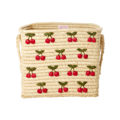 Rice - Raffia Square Basket with Small Cherries Embroidery - Red - 30 cm x 30 cm x 25 cm - Baby and Children