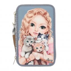 Topmodel - Triple Pencil Case CAT LOVE - Light Blue and Cream (413271) - Office and School Supplies