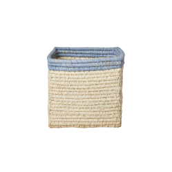Rice - Raffia Basket without Handles in Nature with Blue Border - 20 cm x 20 cm x 20 cm - natural with blue border - Home and Kitchen