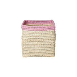 Rice - Raffia Basket without Handles in Nature with Soft Pink Border - 20 cm x 20 cm x 20 cm - natural with soft pink border - Home and Kitchen