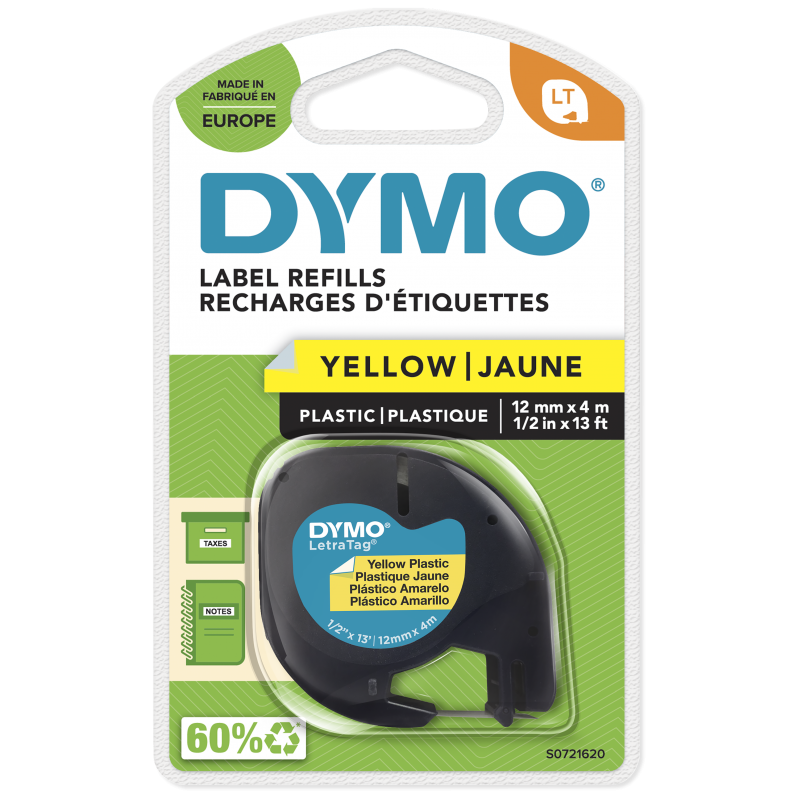 Dymo - LetraTag Tape - Black on Yellow - 12mm x 4m - Office and School Supplies