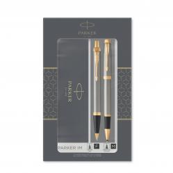 Parker - IM Duo Gift Set with Ballpoint Pen & Rollerball Pen - Brushed Metal with Gold Trim - Office and School Supplies