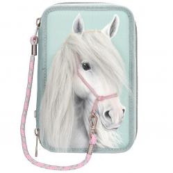 Miss Melody - Triple Pencil Case With Horse Head Application - Sage Green - Office and School Supplies