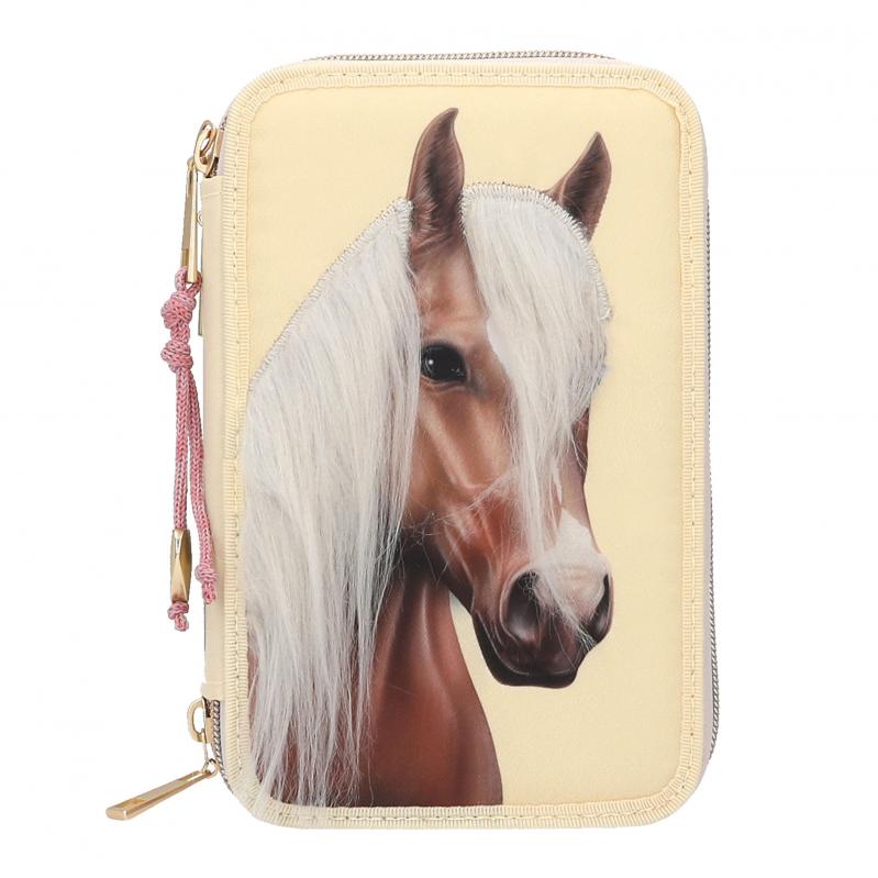 Miss Melody - Triple Pencil Case With Horse Head Application - Light Yellow - Toys Miss Melody - Triple Pencil Case With Horse Head Application - Light Yellow - Toys
