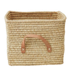 Rice - Small Square Raffia Basket with Leather Handles - Natural - Baby and Children